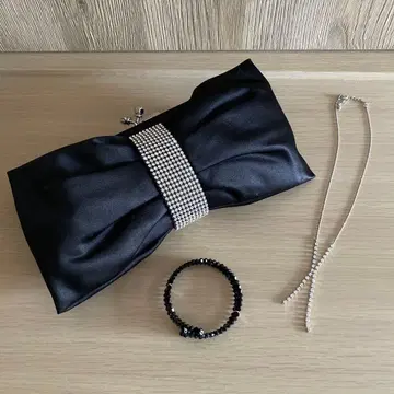 리본형 큐빅 장식 클러치백 & 목걸이 & 팔찌 3종 세트