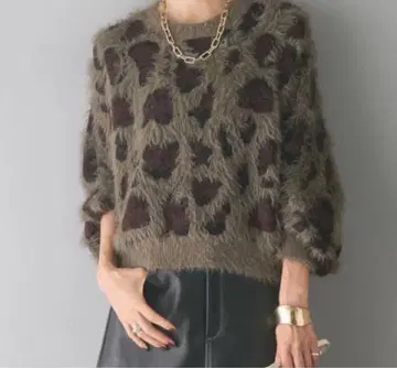 레오파드 무늬 샤기 니트 따뜻한 풀오버 레오파드 넉넉한 성인