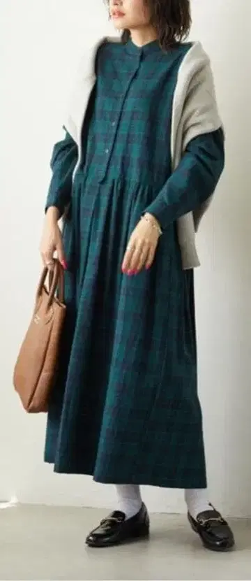 프릭스스토어 스탠드 카라 허리 절개 체크 셔츠 원피스