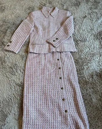 INGEBORG 핑크 계열 체크 무늬 트위드 셋업