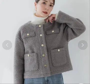 coca 골드 버튼 노카라 루프 트위드 보아 자켓 그레이 M