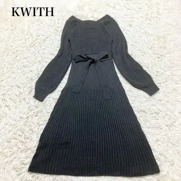 엔위즈 리브 니트 롱 원피스 플레어 A라인 리본 V넥 고급