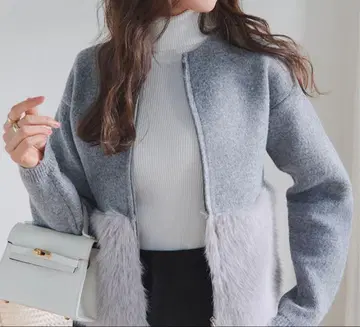 고베 레터스 새상품 코트 아우터 퍼 니트 코트 여성용 그레이 프리 사이즈