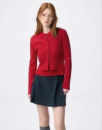 GU 피스 리브 니트 피케 셔츠 레드 L