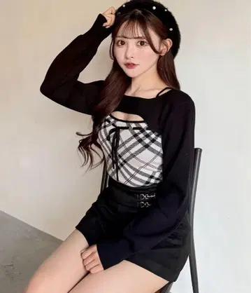 NOMAE 체크 리본 숏 레이어드 니트