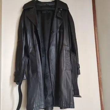 블랙 가죽 양가죽 롱 코트 벨트 포함