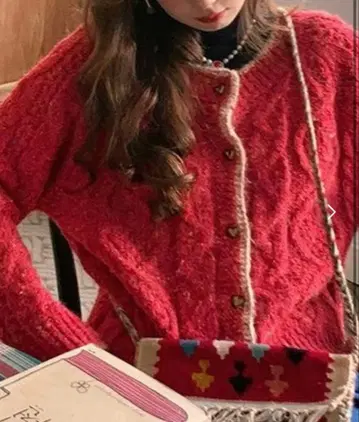 핑크 케이블 짜임 니트 가디건