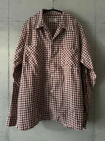 50-60s Jayson 코튼 깅엄 체크 오픈 카라 브라운 화이트
