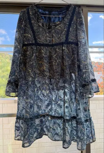 네이비 페이즐리 무늬 쉬폰 블라우스 7부 소매 세트