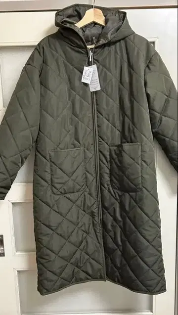 시마무라 후드 부착 충전솜 퀼팅 롱 코트 카키 M 새상품