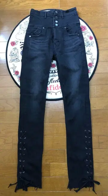 [ EMODA ] 레이스업 하이웨스트 페이크 레더 팬츠 블랙 스키니 데님