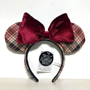 디즈니 머리띠 미니 마우스 체크 무늬 빨간색 레드