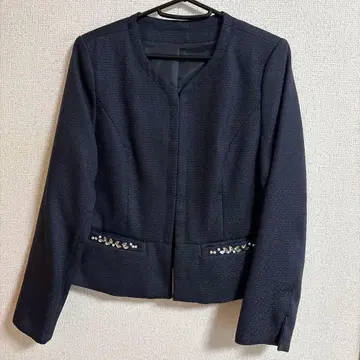 네이비 노카라 자켓 비쥬 부착