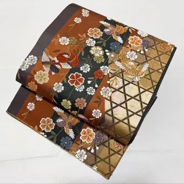 A 원앙과 꽃 무늬 금실 오렌지 순수 실크 육통 후쿠로 오비 포멀 O2