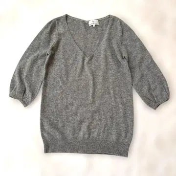 쿠미쿄쿠 캐시미어 100% 그레이 V넥 니트 5부 소매 M 사이즈