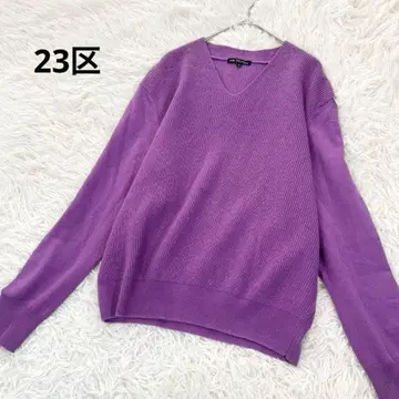 23구 리브 V넥 캐시미어 혼방 니트 풀오버 퍼플