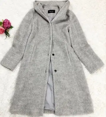 COMME CA DU MODE 샤기 후드 부착 롱 코트 그레이