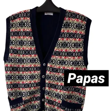 레어 90s Papas 니트 베스트 모 100% 네이비 디그레이스 초기