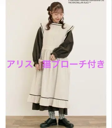 사만사 모스모스 배색 에이프런 원피스 베이지 고양이 브로치 포함