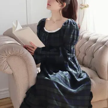 Little World 퍼프 슬리브 로얄 타탄 코튼 드레스