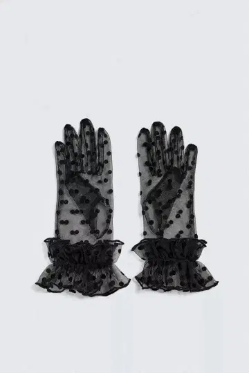 블랙 도트 무늬 프릴 장갑