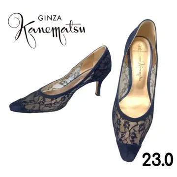 인기 GINZA Kanematsu 스퀘어토 레이스 꽃무늬 펌프스 네이비