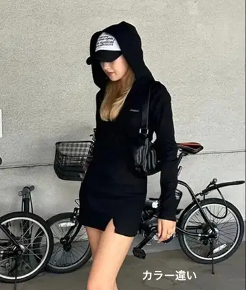 ACLENT 후디드 리브 미니 드레스 브라운