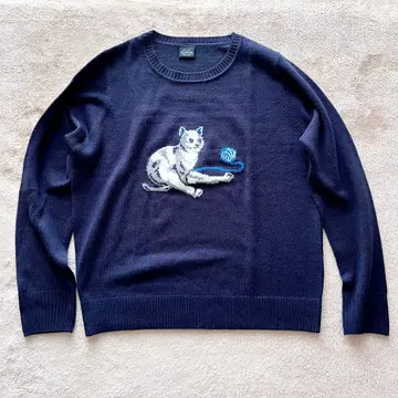 고양이 니트 네이비 스웨터 L slow