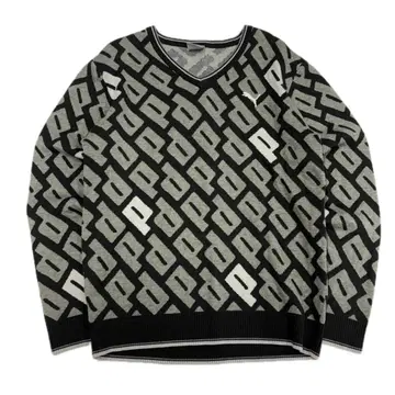 PUMA 올 패턴 로고 패턴 니트 스웨터 V넥 XL