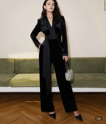 완판템 블랙 블랙 드레스 팬츠 긴팔 벨로아 점프수트