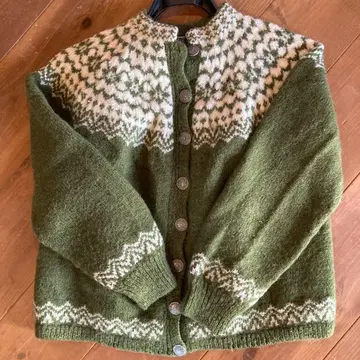 올리브 그린 페어아일 패턴 니트 가디건 빈티지 니트