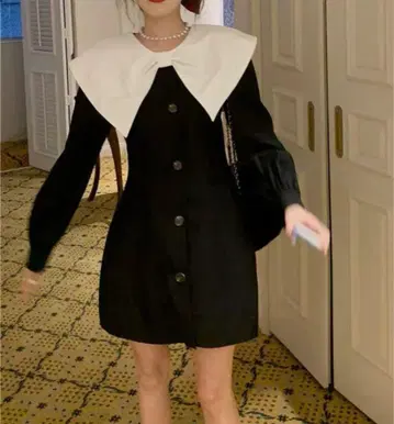 리본 옷깃 미니 원피스 블랙 L