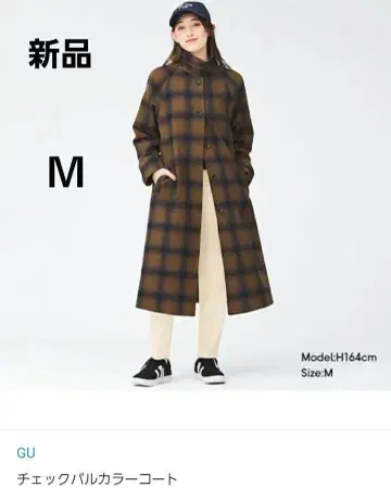 [ 새상품 ] GU 체크 발칼라 코트 M 사이즈 브라운