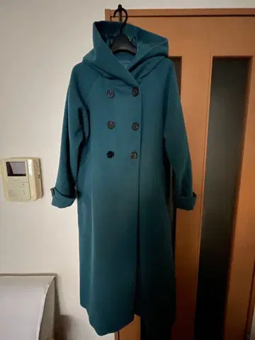 후드 부착 더블 브레스트 롱 코트 청록색