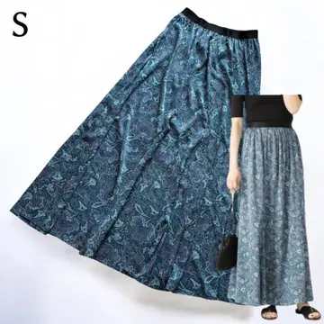 플레어 스커트 페이즐리 무늬 롱 개더 허리밴딩 블루그린