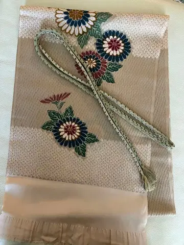 베이지 꽃무늬 자수 오비 장식 천, 순수 실크 허리띠