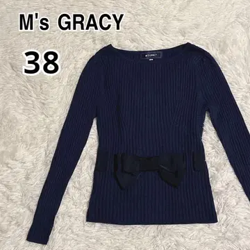 새상품급 M's GRACY 리브 니트 네이비 리본 스웨터 38