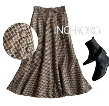 새상품급 잉게보그 고급 울 간클럽 체크 무늬 맥시 길이 플레어 스커트
