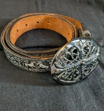 90s 천연 가죽 엠보 각인 빈티지 웨스턴 가죽 벨트