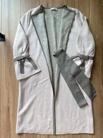 르네 롱 가디건 가운 니트 코트 핑크 x 브라운 리본