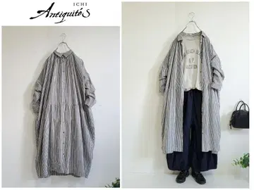 이치 앤티크 코튼 린넨 스트라이프 개더 원피스