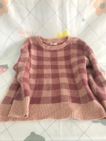 체크 무늬 니트 스웨터 긴팔 핑크 계열