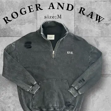 ROGER AND RAW 데미지 가공 하프 지퍼 맨투맨 M 블랙