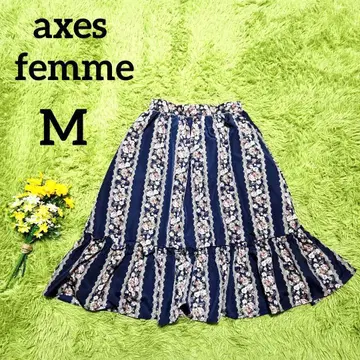 [엑시즈팜] 프릴 절개 스커트 M 네이비 꽃무늬 안감 부착