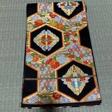 럭셔리 후쿠로 오비 꽃무늬 자수 블랙 베이스