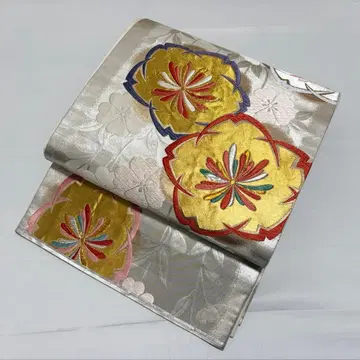 A 기모노 편안한 꽃 무늬 금은사 순수 실크 육통 후쿠로 오비 포멀 O4