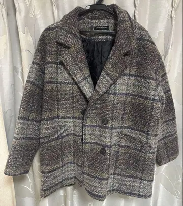 울 혼방 체크 무늬 더블 브레스트 자켓