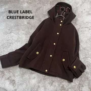 블루 라벨 울 골드 버튼 후드 숏코트 체크