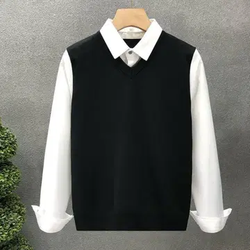 블랙 V넥 니트 베스트 긴팔 셔츠 세트