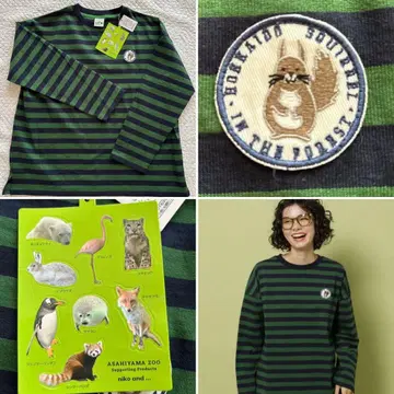 [택 포함] 니코앤드 아사히야마 동물원 콜라보 보더 티셔츠 다람쥐 다람쥐